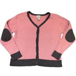 Stitches in Time Pink Ribbed Cardigan Sweater Elbow Patches Gray Trim Lrg Cotton